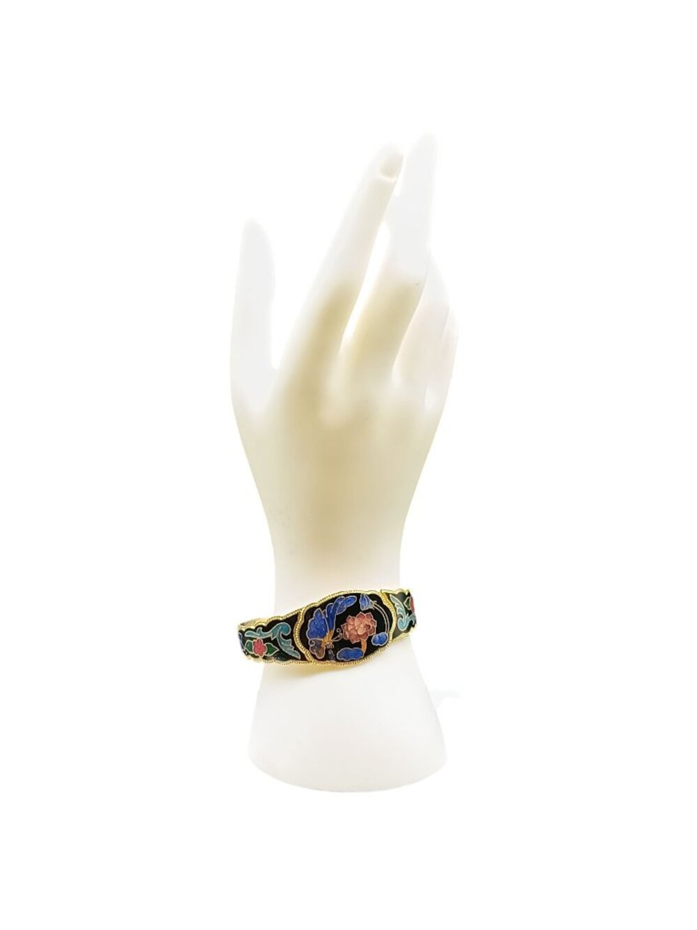 Vintage Cloisonné Gold-Tone Floral Hinged Bangle Bracelet with Butterfly Design